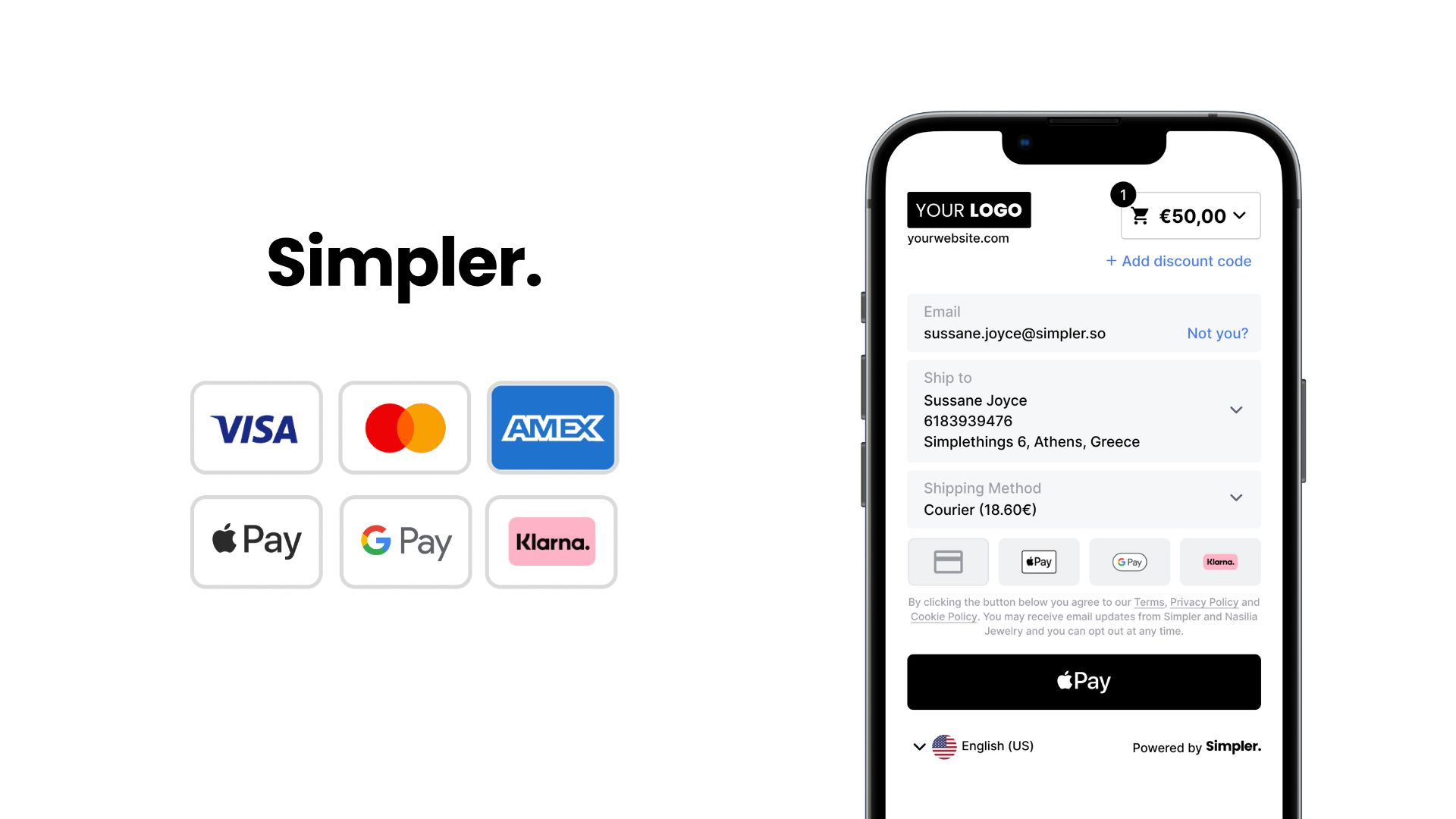 Multiple payment methods, such as Visa, Mastercard, Apple Pay, Google Pay, and Klarna for checkout page
